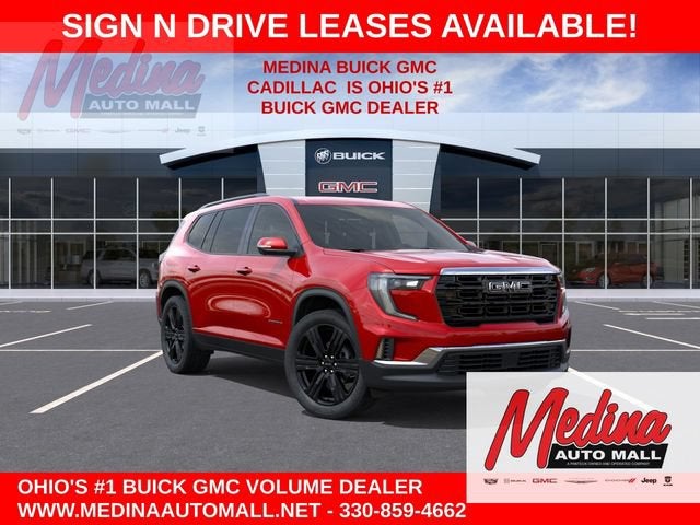 2026 GMC Acadia Elevation in Volcanic Red Tintcoat — front three-quarter view