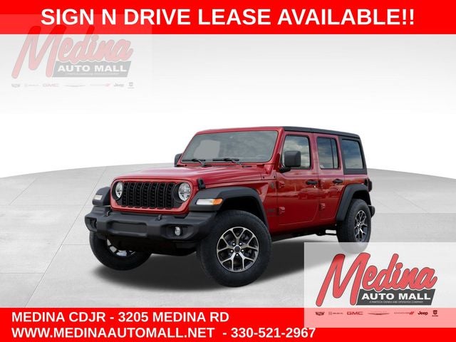 2026 Jeep Wrangler Sport S in Firecracker Red Clear-Coat Exterior Paint — front three-quarter view