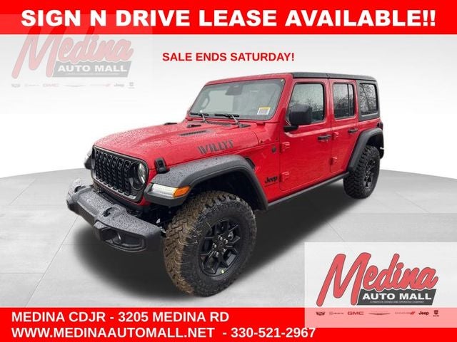 2026 Jeep Wrangler Willys in Firecracker Red Clear-Coat Exterior Paint — front three-quarter view