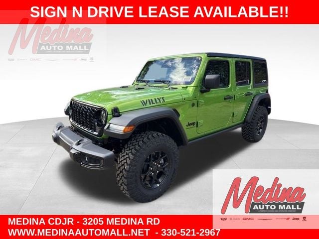 2026 Jeep Wrangler Willys in Mojito Clear-Coat Exterior Paint — front three-quarter view