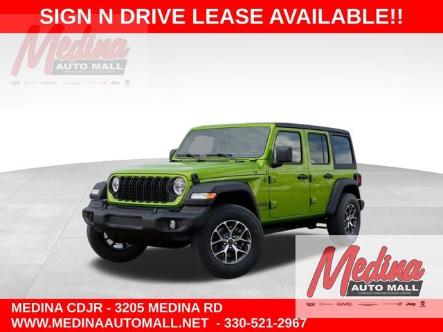 2026 Jeep Wrangler Sport S in Mojito Clearcoat — front three-quarter view