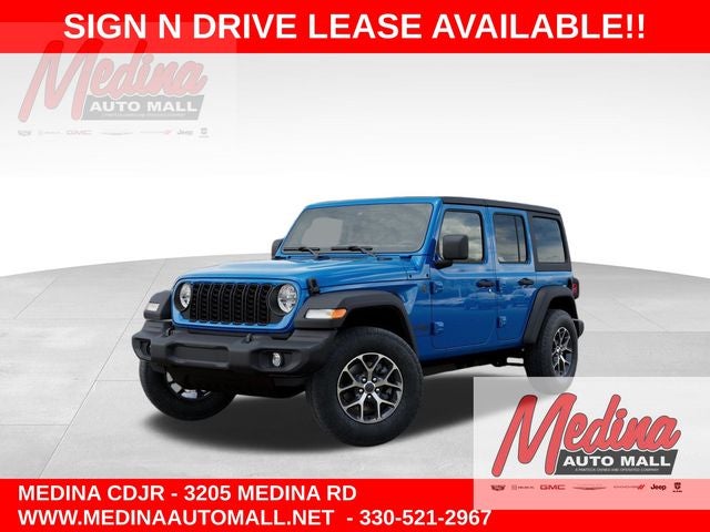 2026 Jeep Wrangler Sport S in Hydro Blue Pearl-Coat Exterior Paint — front three-quarter view