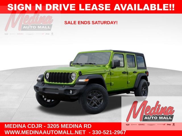 2026 Jeep Wrangler Sport S in Mojito Clear-Coat Exterior Paint — front three-quarter view