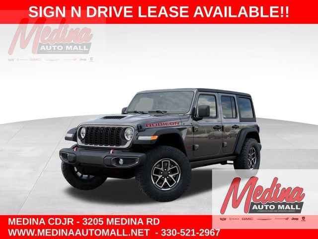 2026 Jeep Wrangler Rubicon in Granite Crystal Metallic Clear-Coat Exterior Paint — front three-quarter view
