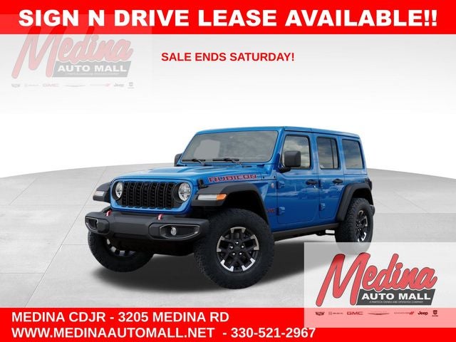 2026 Jeep Wrangler Rubicon in Hydro Blue Pearl-Coat Exterior Paint — front three-quarter view