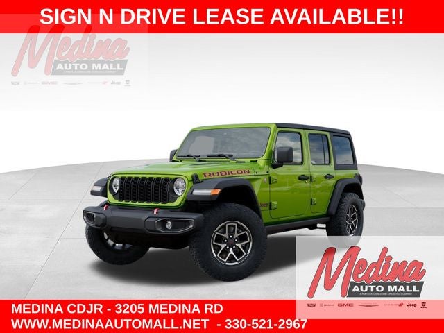 2026 Jeep Wrangler Rubicon in Mojito Clear-Coat Exterior Paint — front three-quarter view