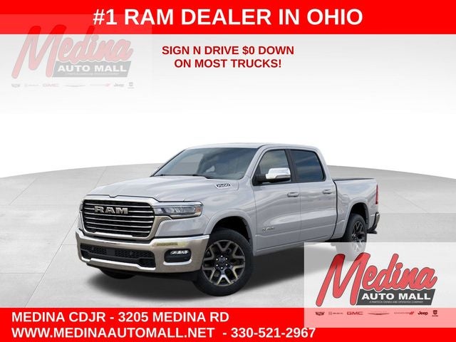 2026 RAM 1500 Laramie in Ivory White Tri-Coat Pearl-Coat Exterior Paint — front three-quarter view