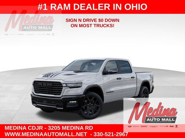 2026 RAM 1500 Laramie in Bright White Clear-Coat Exterior Paint — front three-quarter view