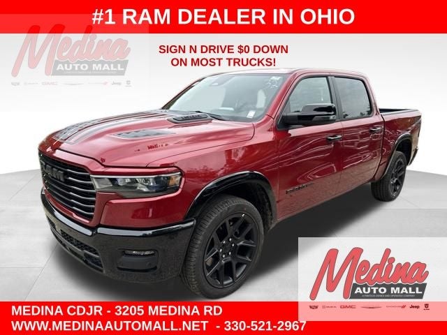2026 RAM 1500 Laramie in Molten Red Pearl-Coat Exterior Paint — front three-quarter view