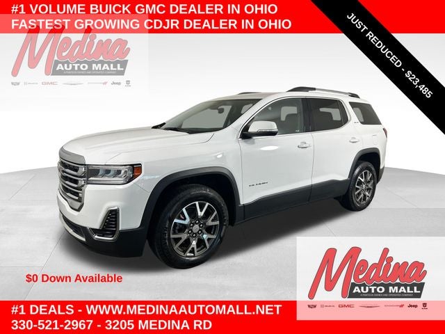 2023 GMC Acadia SLE in Summit White — front three-quarter view