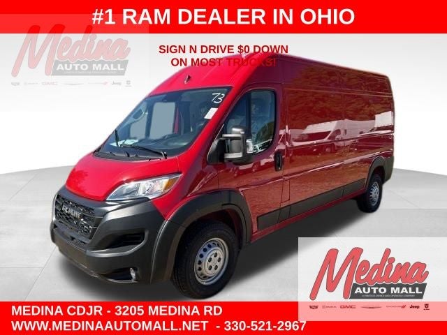 2026 RAM ProMaster 2500 High Roof in Flame Red Clear-Coat Exterior Paint — front three-quarter view