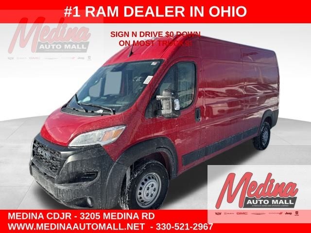 2026 RAM ProMaster 2500 High Roof in Flame Red Clear-Coat Exterior Paint — front three-quarter view