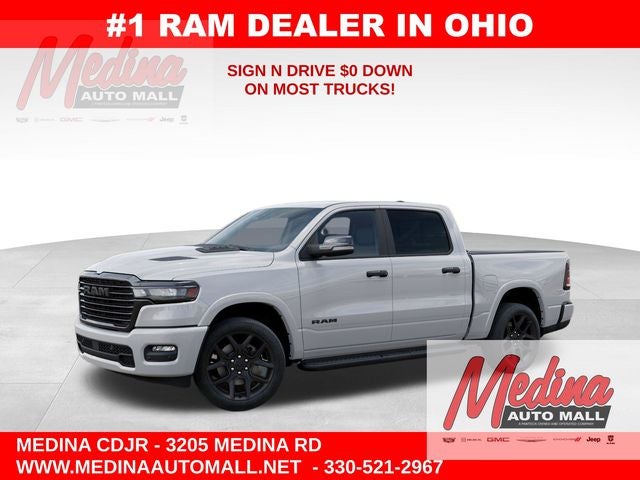 2026 RAM 1500 Laramie in Bright White Clear-Coat Exterior Paint — front three-quarter view
