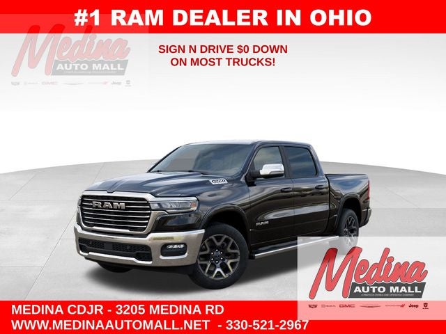 2026 RAM 1500 Laramie in Diamond Black Crystal Pearl-Coat Exterior Paint — front three-quarter view