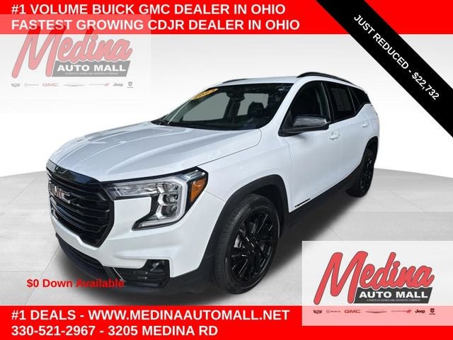 2023 GMC Terrain SLT in Summit White — front three-quarter view