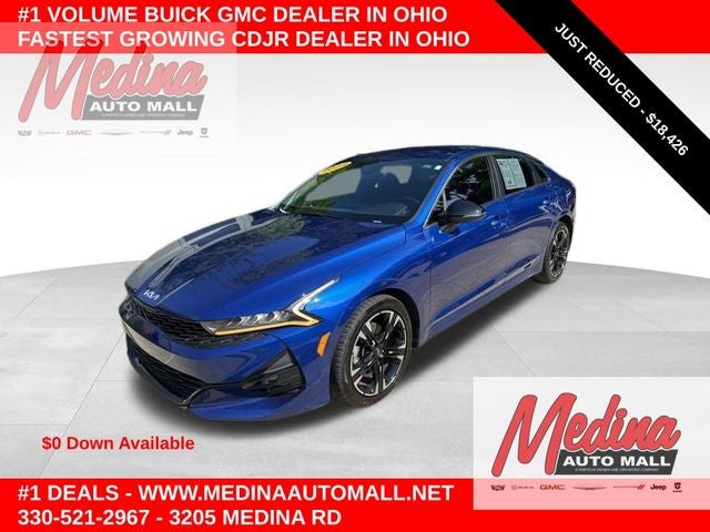 2022 Kia K5 GT-Line in Sapphire Blue — front three-quarter view